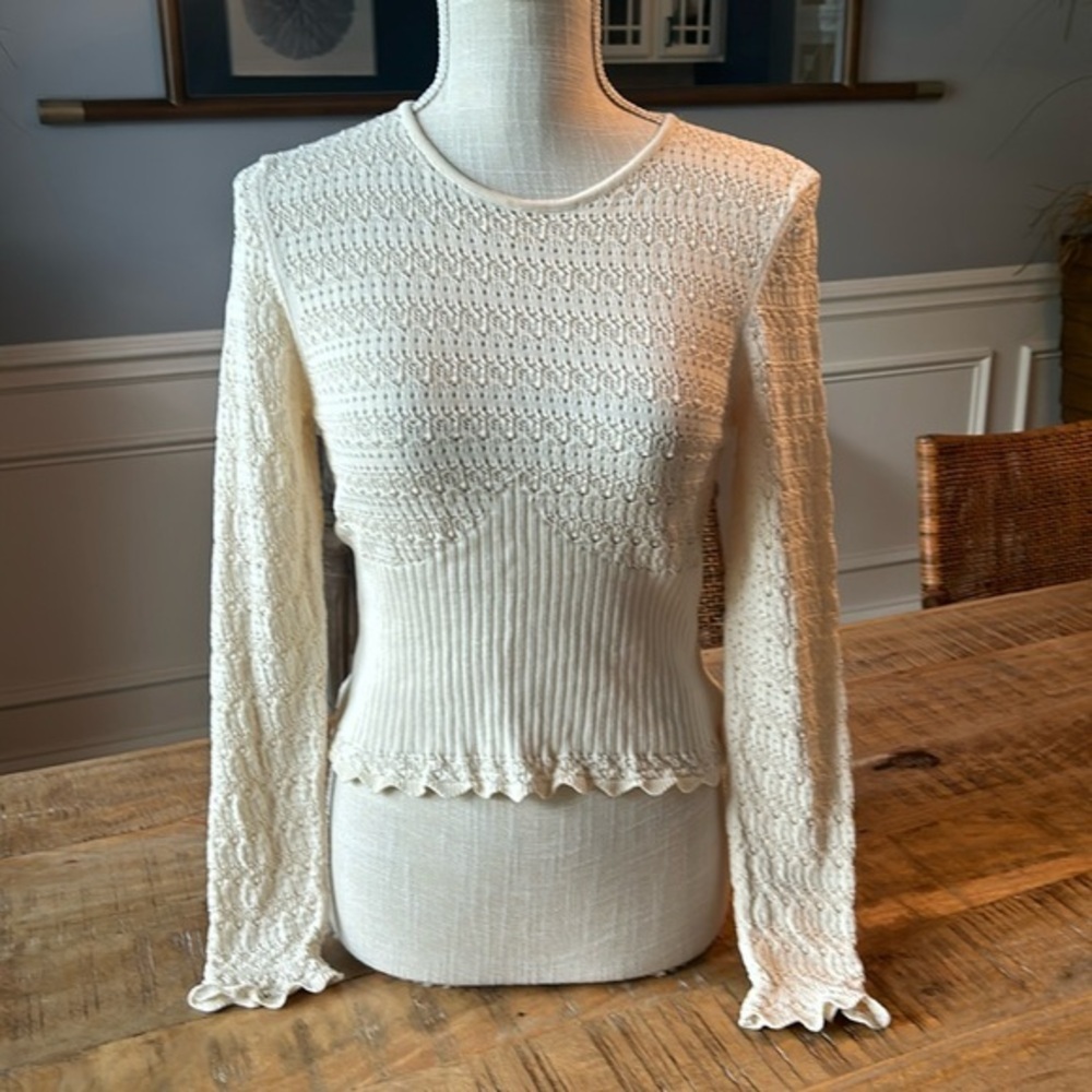 Zara Cream Textured Knit Long-Sleeve Crop Top